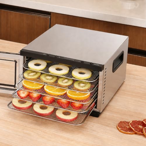 Vassillias Silver Food Dehydrator Machine with 5 Stainless Steel Trays, Digital Timer & Temperature Control