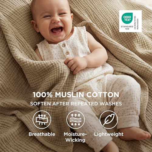 Bedsure King Size Cotton Muslin Blanket 4-Layer Light Brown 108x90 inches