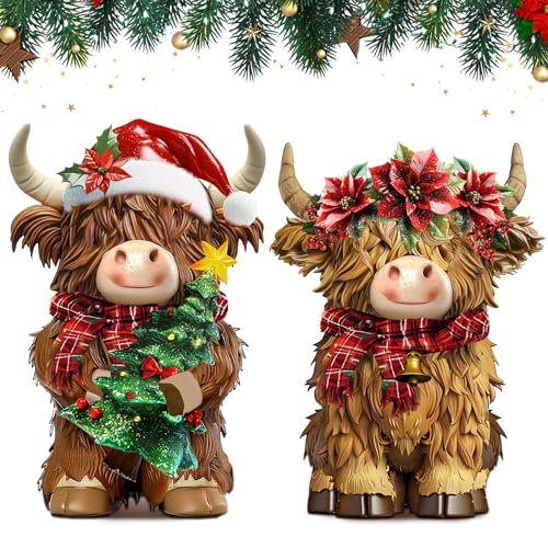 2 Pack Christmas Highland Cow Figurines Decor, Resin Table Decor - Burbell