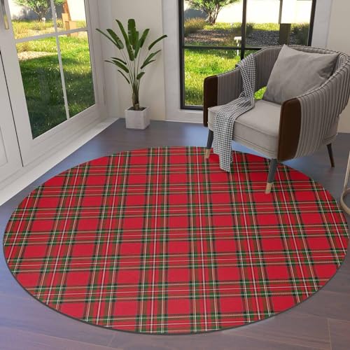 LooPoP 6ft Christmas Round Area Rug Red Green Plaid Non-Slip Indoor Outdoor Decor