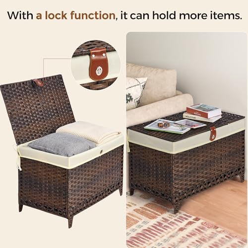 Honjourai 200L Wicker Storage Basket with Lid & Removable Liner - Brown