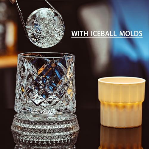NORIMODA Diamond Cut Spinning Whiskey Glass Set of 4 - 9.5 oz with Rotating Bases & Ice Molds