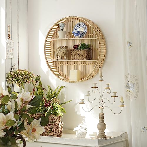 Boho Rattan Wall Shelf 3-Tier Floating Storage Rack for Living Room & Home Decor