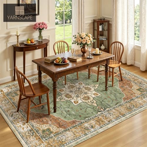 YARNSCAPE 8' x 10' Sage Green & Terracotta Washable Area Rug, Non-Slip Low-Pile Carpet