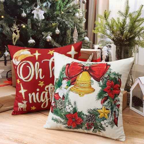 Artscope Christmas Oh Holy Night Merry Bright Jesus Wreath Throw Pillow Covers 18x18 Inch Set of 4, Winter Hoilday Christmas Decoration Pillow Cases for Home Sofa Couch Decor-Red