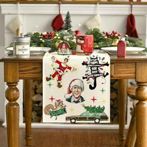 Christmas Vacation Table Runner Red and Green Vaction Xmas Table Cover Winter Seasonal Holiday Decor Merry Christmas Decorations for Home Party