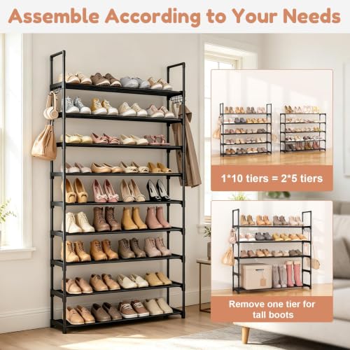 WEXCISE 10-Tier Metal Shoe Rack Organizer for Entryway, Closet, Garage - Large Capacity, Tall Free Standing Shoe Shelf in Black