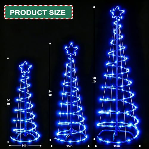 FLAGLY Blue 3-4-5FT Lighted Christmas Spiral Trees Set with Stakes – Indoor & Outdoor Holiday Decor