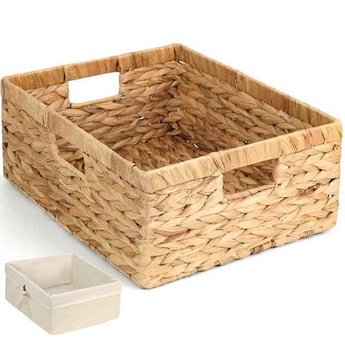 Natural Water Hyacinth Wicker Storage Baskets with Handles & Cotton Liner - Large 15x12x6 Inches