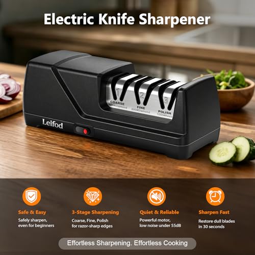 Electric Knife Sharpener with 3-Stage System and 15° Guide for Kitchen