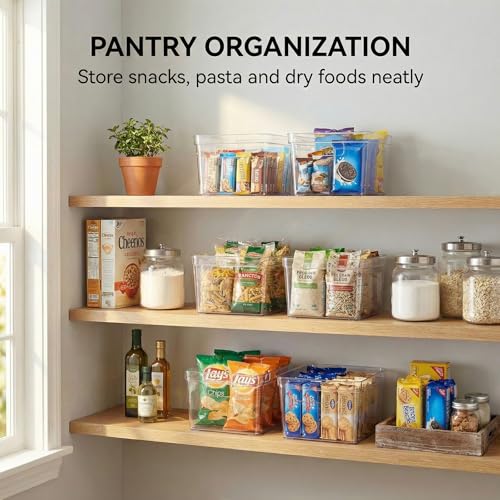 MOONEDGE 4-Pack 10x10x6 Clear Plastic Storage Bins with Handles - Food-Grade, Open Top Organizer