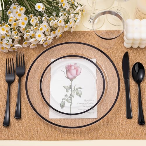 BESTSTAR 200pcs Black and Clear Plastic Disposable Plates Set - Food-Grade & Elegant