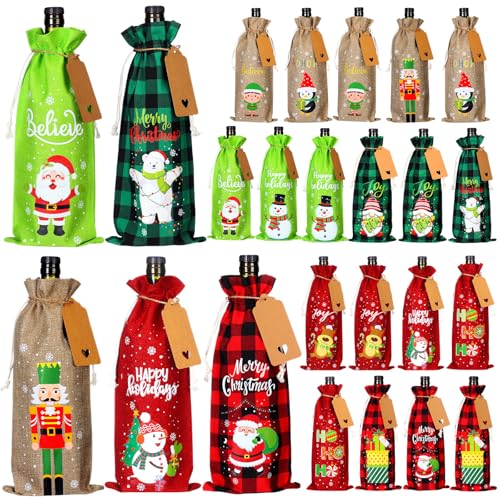 24 Pcs Christmas Burlap Wine Bags with Tags & Drawstrings - 5.9 x 13.8in