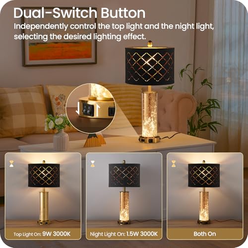 Modern Black 25.6" Set of 2 Bedside Table Lamps with USB & Nightlight - Gold Accent