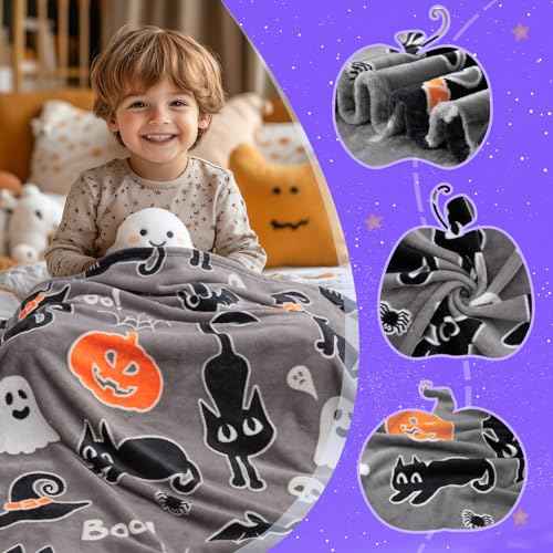 Halloween Decorations Gifts for Kids Boys Girls Glow in The Dark Blanket Toys Costumes for Women Teens 2 3 4 5 6 7 8 9 10 11 12 13 14 15 16 Years Old Ghost Boo Pumpkin Cat Bat Throw Halloween Decor