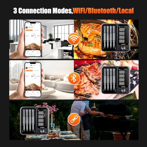 Wireless Meat Thermometer with 4 Probes, WiFi & Bluetooth, LCD Display, Waterproof, Black