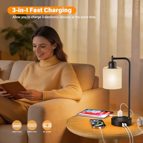 Beige Industrial Table Lamps Set of 2 - Dimmable Bedside Lamps with USB Ports and Outlet