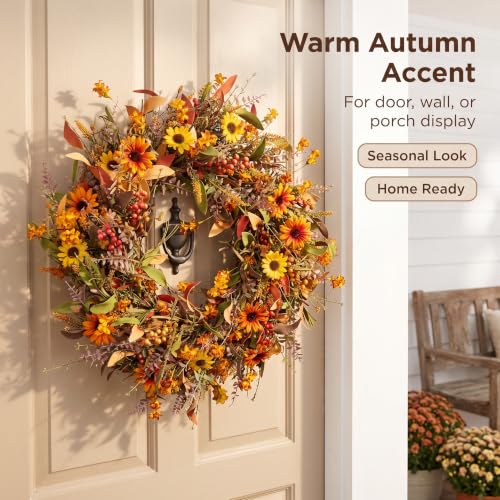 24 Inch Fall Wreath with Sunflowers Berries & Leaves - Autumn Harvest Door Decor