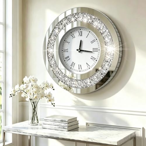 Silver Mirror Wall Clock 20x20in with Sparkle Crushed Diamond Design – Modern Home Decor