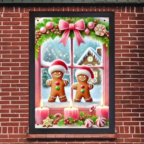 Christmas Window Cover 31x47 Inch Gingerbread Couple Window Decoration with Pink Bow and Scene Holiday Window Banner for Kids Christmas Decor