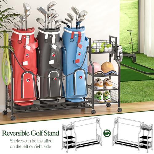 DAOUTIME Golf Bag Storage Rack for Garage – Holds 3 Bags, Wheels, Organizer for Clubs & Accessories