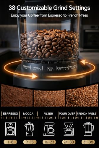 Ksionka Black Conical Coffee Bean Grinder - 38 Precise Settings, Anti-Static