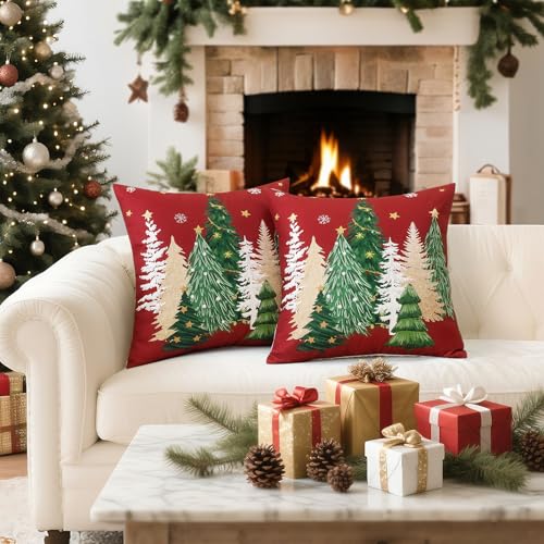Artscope Christmas Tree Throw Pillow Covers 18x18 Inch Set of 2, Winter Hoilday Christmas Decoration Pillow Cases for Home Decor-Red