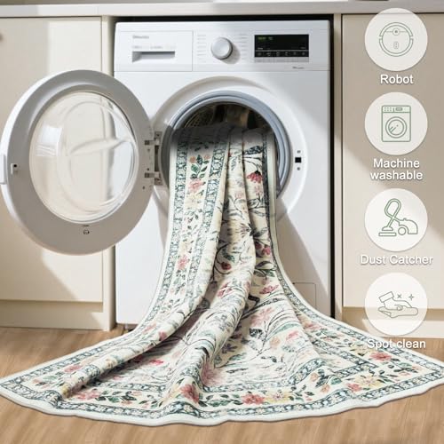 PLHXFR 8x10 Green Beige Floral Washable Area Rug for Living Room