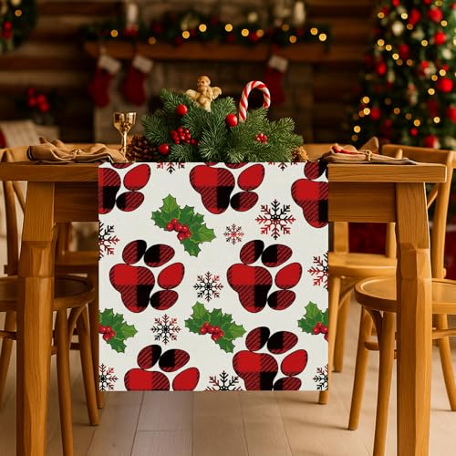 GPGHE 13'' x 72'' Christmas Dog Table Runner Plaid Holiday Kitchen Decor