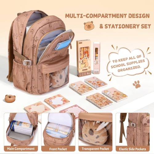 Similove Brown Capybara School Backpack & Stationery Set for Girls - Lunch Box & Pencil Case Included