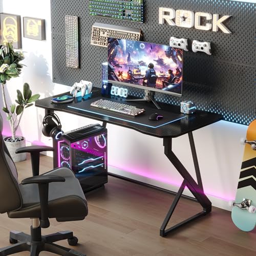 Grandder 40 Inch Black Z-Shaped Gaming Desk with Carbon Fiber Surface & Headphone Hook