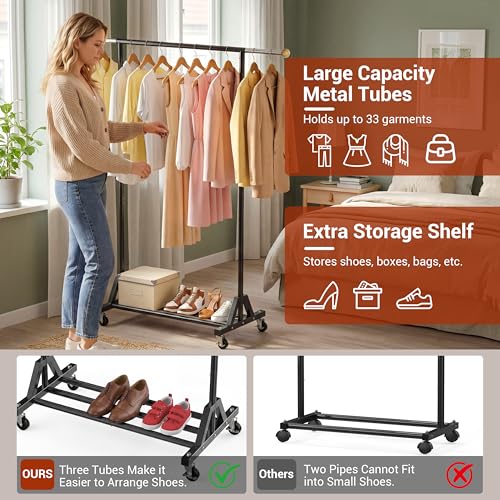 1-Tier Retractable Garment Rack - 56.7 Inches Tall Clothing Organizer with Lockable Wheels