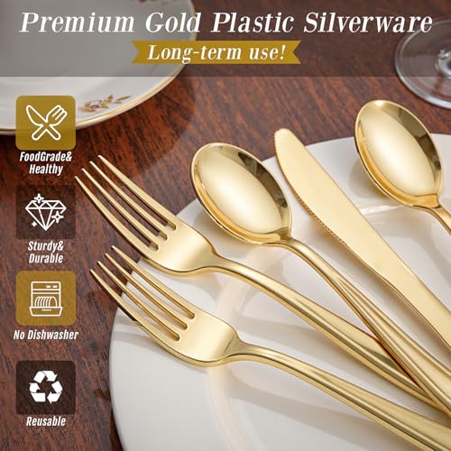 Gold Disposable Cutlery Set - Heavy Duty Plastic Forks Spoons Knives, Modern Variation