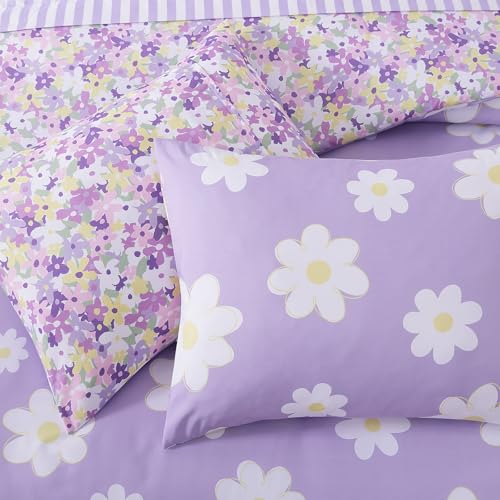 Full Size Purple Daisy Comforter Set for Girls - 7 Pieces Bed in a Bag, Pink & White Floral Bedding, Double-Sided Design, Soft & Cozy, AMBERSPACE