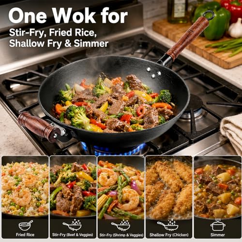 12.6 Inch Cast Iron Wok with Wooden Lid - Flat Bottom Chinese Stir Fry Pan