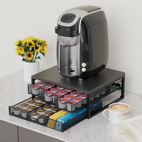 Coffee Pod Holder for Counter - Black Wooden 3 Pull-Out K-Cup Organizer