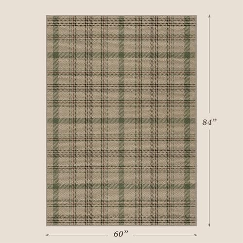 Outdoor Jute Plaid Rug 5x7 - Beige & Sage Green Tartan, Washable, Low-Pile