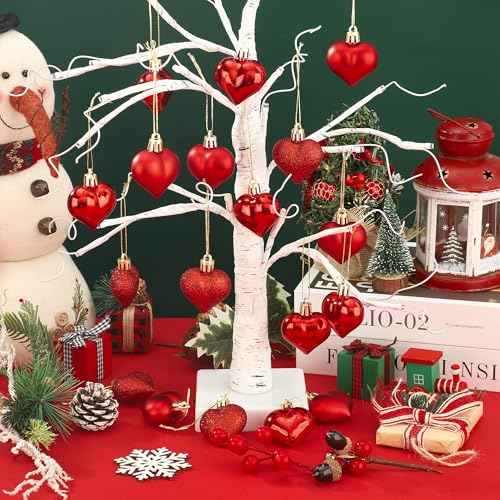 24 PCS Heart Shaped Ornament for Christmas Tree Red Heart Hanging Ornament Multi Finish Hearts Plastic Baubles Xmas Tree Hanging Decoration for Valentines Anniversary Party Decor