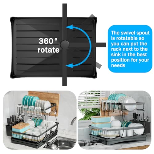 Large 2-Tier Dish Drying Rack with Drainboard - Black, Detachable Kitchen Counter Organizer