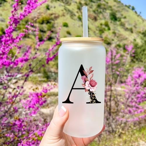 Personalized Monogram Frosted Glass Tumbler with Straw & Lid - Initial R, Custom Coffee Cup Gift for Women