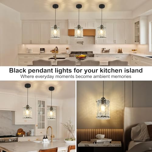 Black Pendant Lights Kitchen Island 2-Pack Water Ripple Glass Fixtures Modern Adjustable Hanging Lighting for Dining Room & Entryway