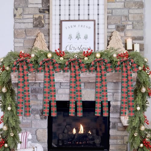 6 Pcs Large Green Red Plaid Christmas Bows - Pre-Tied Tartan Ribbon Toys