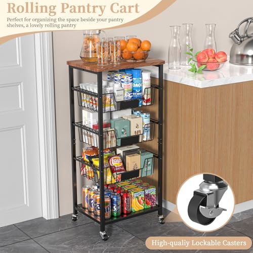5-Tier Kitchen Storage Cart with Baskets and Wood Top - Rolling Utility Organizer