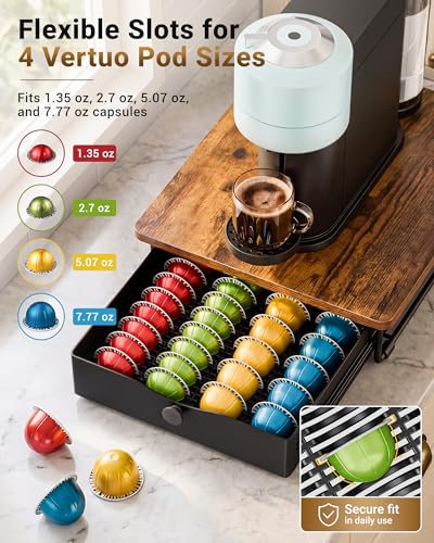 Everie Coffee Pod Drawer Organizer for Vertuo - Rustic Brown Wood Top, Holds 40-52 Capsules