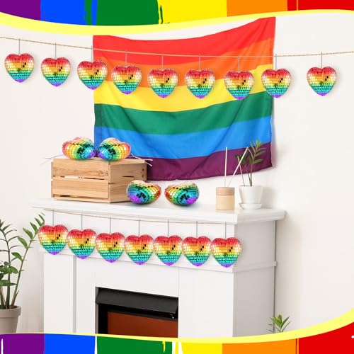 Vercraft 24 pcs Rainbow Heart Pride Disco Christmas Ornaments with Lanyards - Gay Pride Decorations