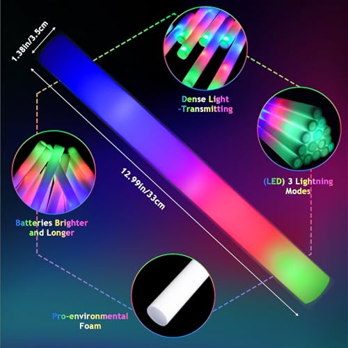 70pcs Foam Glow Sticks Bulk with 3 Flashing Modes - Light Up Party Wands for Weddings, Birthday, Raves, Camping, Outdoor Events - Blu7ive