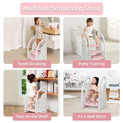 Pink Kids 3-Step Toddler Learning Tower Stool & Chair for Kitchen & Bathroom