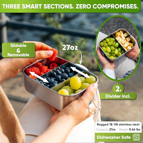 27oz Stainless Steel Leak-Proof Bento Lunch Box with 3 Compartments - Silver