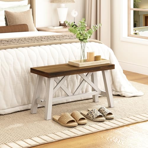 Wnutrees 30-inch White Farmhouse Solid Wood Entryway Bench, Rustic Style