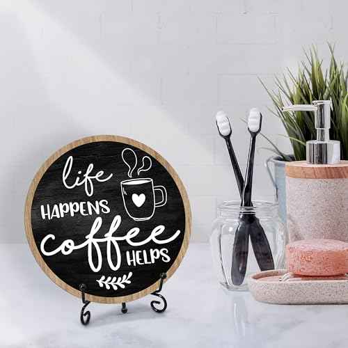 Coffee Bar Sign, Round Wooden Plaque, 6 Inches, Modern Style, Tabletop Mount, Coffee Decor